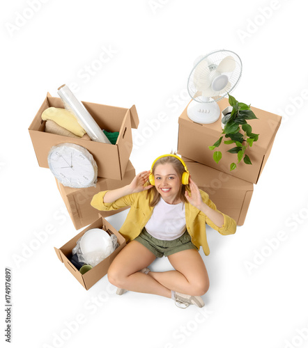 Young woman in headphones w...
