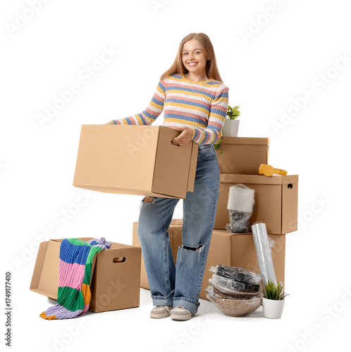 Young woman with moving box...