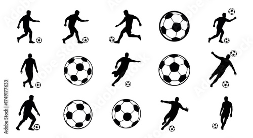Silhouetted Soccer Players and Balls in Action Poses.