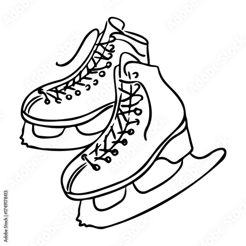 Pair of ice skates in hand drawn outline style with detailed laces and blades. Represents winter sport, leisure and holiday activity concept
