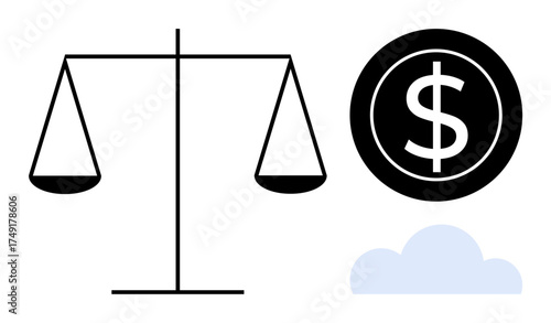 Balance scale, dollar coin, and cloud illustrating financial fairness, decision-making, ethical balance, business management, legal judgment, justice and economic stability. Simple flat metaphor