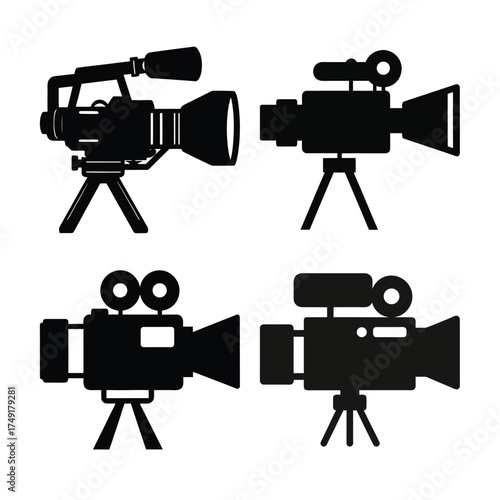 Collection of four distinct black silhouette video cameras mounted on tripods for filming