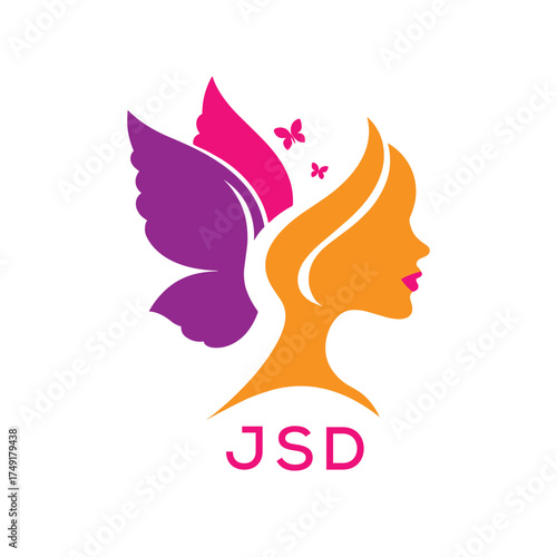 JSD Creative Beauty Butterfly Woman Logo. JSD Design | Feminine Elegant Salon and Spa Brand Identity.  JSD Modern Beauty Icon.
