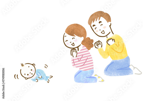 寝返りをする赤ちゃんを見て喜んだり励ましたりしている両親の手描きイラスト
