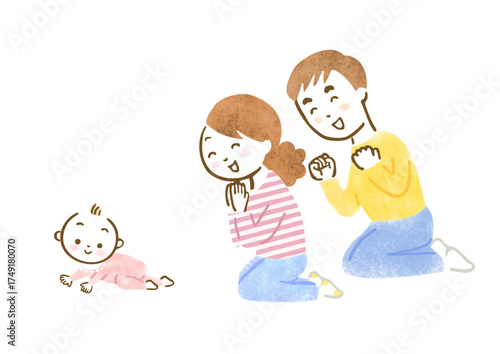 ずり這いをしている赤ちゃんを見て、喜んだり応援したりしている両親のイラスト