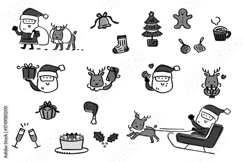 かわいいクリスマスの手描きイラストセット②モノクロ