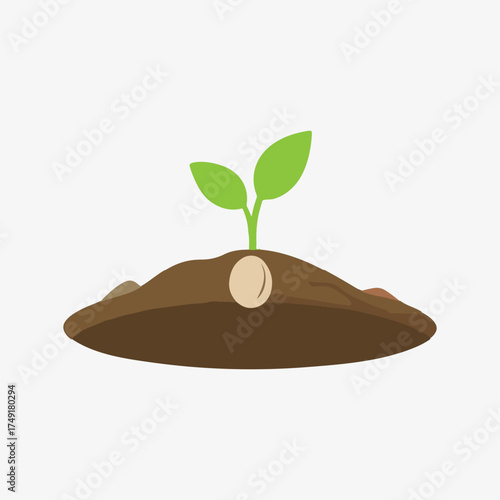 young green plant sprout growing from a seed in brown soil cartoon vector illustration.