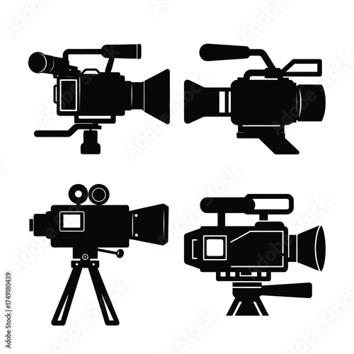 Collection of four silhouette vintage and modern professional video cameras on white background