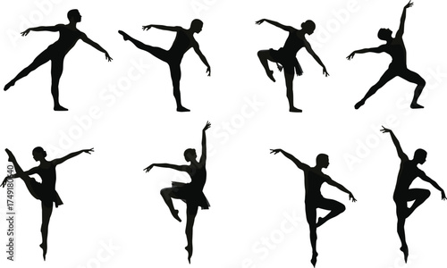 Silhouette ballet dancers performing graceful poses, modern dance movement, classical ballet art, elegant performance, flexibility, beauty, strength, artistic expression, balance