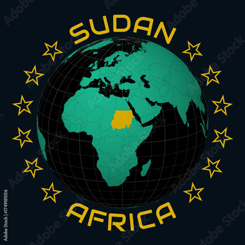 Sudan on Globe. Round country and continent name text. Country view on world map in Black Emerald color palette. Sudan shape on map. Vibrant vector illustration.