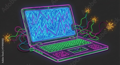 A stylized neon laptop computer malfunctioning with sparking wires and a glitched screen.