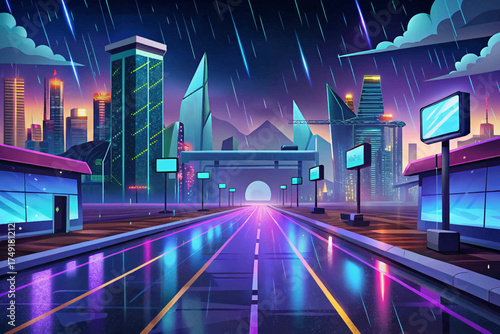 Cyberpunk road under holographic billboards and neon rain, futuristic dystopian cityscape