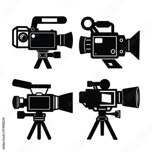 Collection of four silhouette style vintage and modern video cameras on tripods