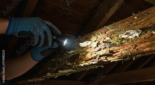 fireplace in the old house, Hand checks damaged wood beam with flashlight. Inspector examines wood rot, fungus on timber. Maintenance worker inspects decay termite damage to house construction. Proble