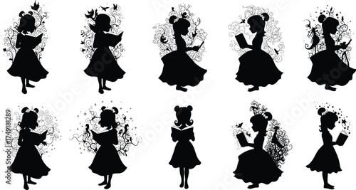 Silhouette collection of girls reading magical books, fantasy art design with floral patterns, imagination, creativity, storytelling, education, and wonder