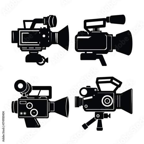 Collection of four vintage and modern camcorder silhouettes on a white background