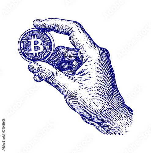 Hand holding a Bitcoin coin illustration. Vintage woodcut engraving linocut vector illustration.