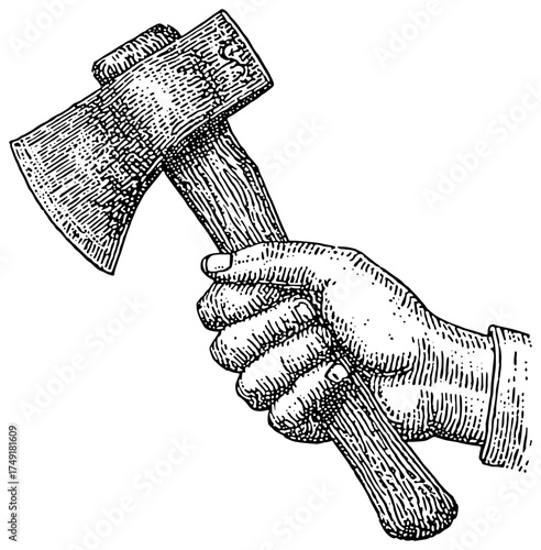 Hand holding an axe illustration. Vintage woodcut engraving linocut vector illustration.