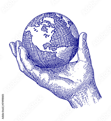 Hand holding the world illustration. Vintage woodcut engraving linocut vector illustration.