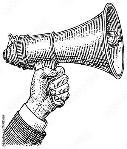 Hand holding a megaphone illustration. Vintage woodcut engraving linocut vector illustration.