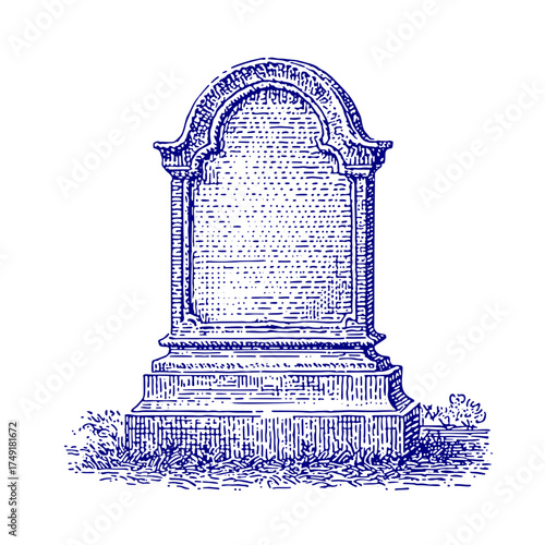 Vintage Gravestone Illustration. Vintage woodcut engraving linocut vector illustration.