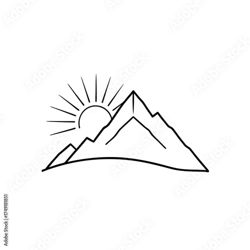 Mountain range with sun line drawing on transparent background silhouette