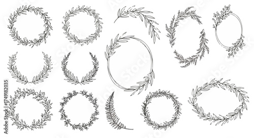 Hand‑Drawn Botanical Wreath Icon Pack - Monoline Laurel Leaf Frames & Olive Garlands