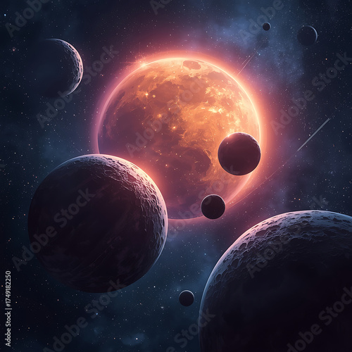 Glowing central planet surrounded by orbiting worlds in cosmic scene