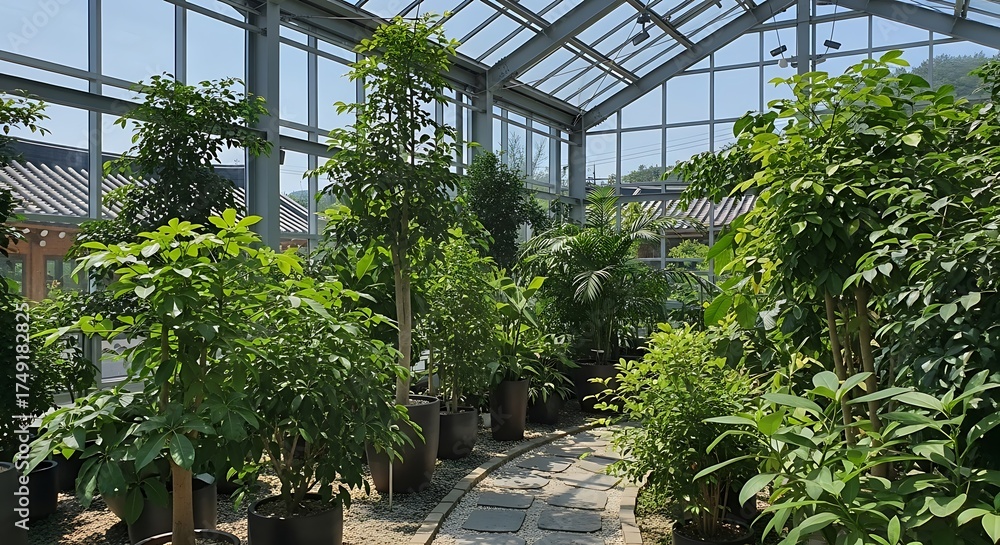 Fototapeta premium Lush greenery thrives inside a sunlit greenhouse, creating a vibrant indoor garden.