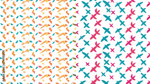 Whimsical Flight Pattern Design, Colorful Birds in Flight, Dynamic Movement, Perfect for Textiles, Wallpapers, and Creative Projects, Originally Vector Graphics