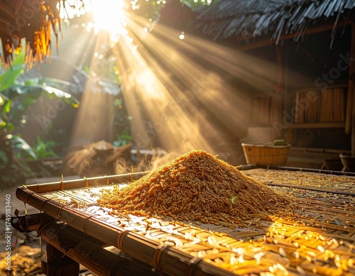 Traditional Rice Drying on Bamboo Tray. Sun-dried rice spread on bamboo tray under sunlight, showcasing traditional farming methods.