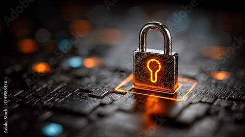 Unlock digital security with this glowing padlock on a circuit board, symbolizing data protection and cyber safety in a modern tech world.