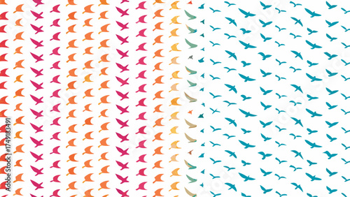 Stylish pattern of soaring birds in vibrant gradient colors creating a sense of freedom and movement, perfect for uplifting designs and creative projects