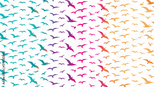Vibrant flock of birds in flight, gradient color design symbolizing freedom and migration, perfect for nature-themed projects and uplifting backgrounds