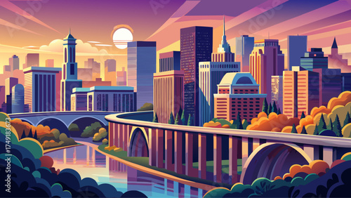 Very beautiful City of Arlington in Northern Virginia with skyscrapers viewed from Washington Bridge, vector-style illustration highlighting modern skyline, sunset reflections, and urban sophistic