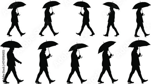 Silhouette man walking with umbrella, rainy day concept, business person in rain, black and white vector illustration, isolated design.