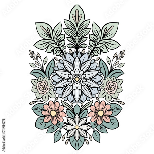 Vector floral illustration with contour decorative flowers and leaves in pastel colors. Elegant contour floral clip art for sticker.