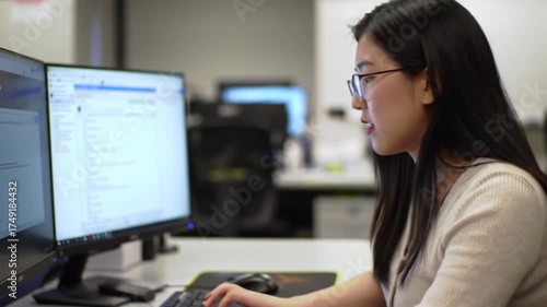 Woman in glasses working at a dualmonitor computer setup in an office