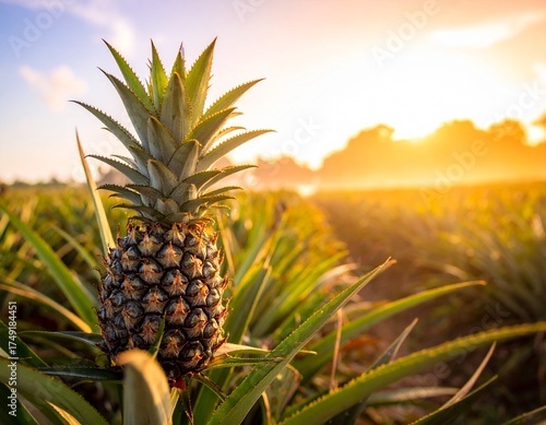 Pineapple Growing in the Field Close-Up. Close-up shot of pineapple fruit growing in tropical farmland under bright sunlight.