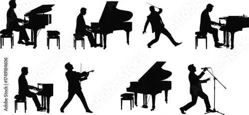 Silhouette musicians performing, pianist playing grand piano, violinist, singer on stage, musical performance art, black and white vector illustration, isolated.