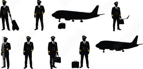 Silhouette of airline pilots with airplanes and luggage, aviation crew, professional flight captain, airport travel concept, global air transport scene