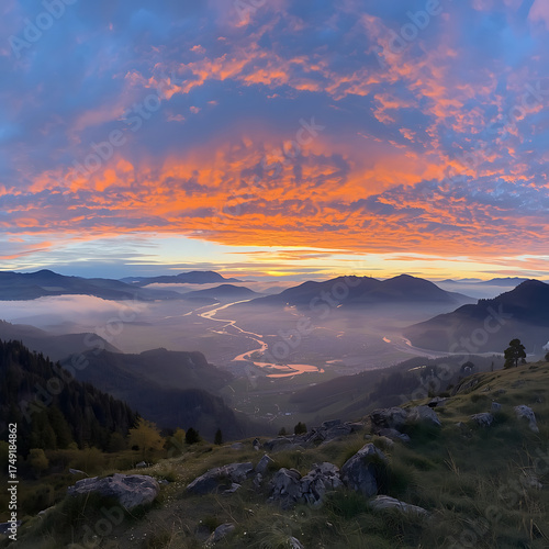 Sunset over mountains with misty valleys and vibrant colorful sky