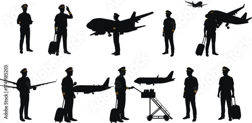 Silhouette of airplane pilots with luggage, aviation crew, flight captain, airport travel, aircraft, air transport, professional airline, jet aviation teamwork