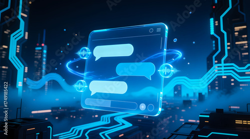 A holographic AI chat interface floats in a dark, futuristic cityscape, symbolizing the next generation of intelligent communication and internet technology.