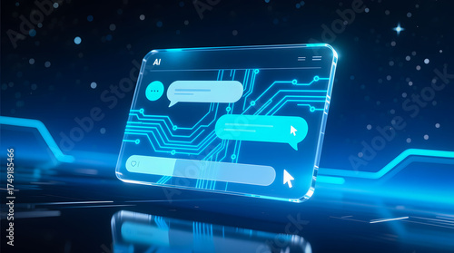 A holographic AI chat interface floats in a dark, futuristic cityscape, symbolizing the next generation of intelligent communication and internet technology.