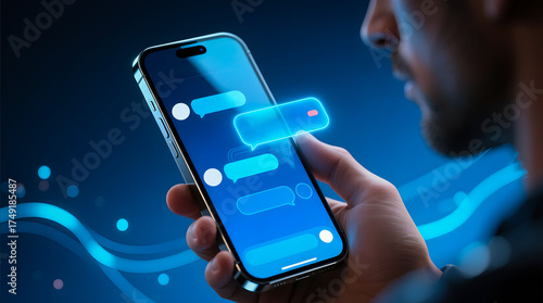 A close-up of a hand holding a smartphone displaying a glowing, 3D holographic AI chatbot for instant mobile communication and support.