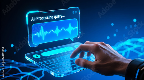 A male hand types on a transparent, glowing keyboard, interacting with a holographic AI chat window that shows a processing waveform response.