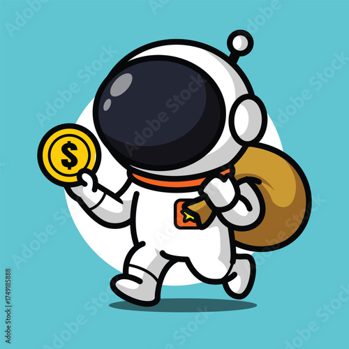 Cute Astronaut Holding Money Bag Illustration for Space Cartoon Character and Finance Concept