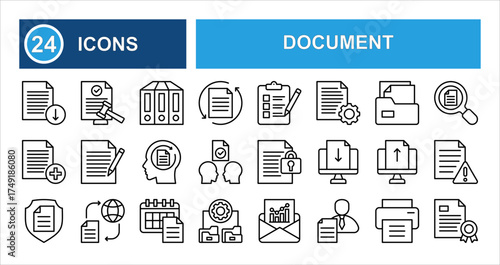 Document line icon set with editable stroke, featuring download, archive, printer, legal file, checklist, folder, cupboard, and document flow in clean thin linear style.