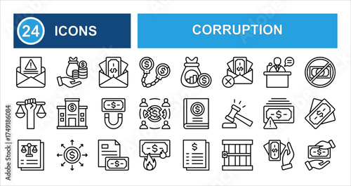 Corruption line icon set with editable stroke, featuring money laundering, scam, crime, politics, justice, black money, corporate fraud, theft, and prison in clean thin linear style.